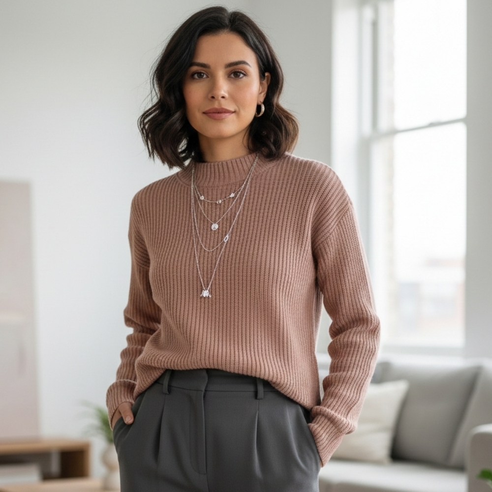 SELECTED FEMME L Modern Contemporary Minimalist Waffle Knit Mock Neck Sweater